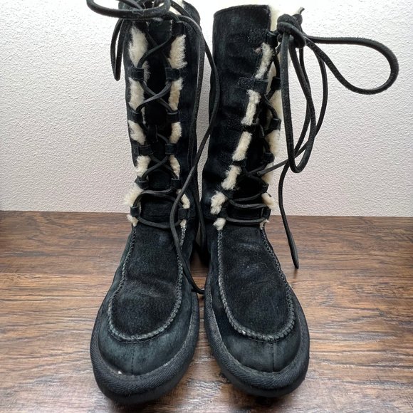 UGG Tularosa Black Suede Lace Up Sheepskin Tall Boots Women's Size 8 5190 - Picture 2 of 10